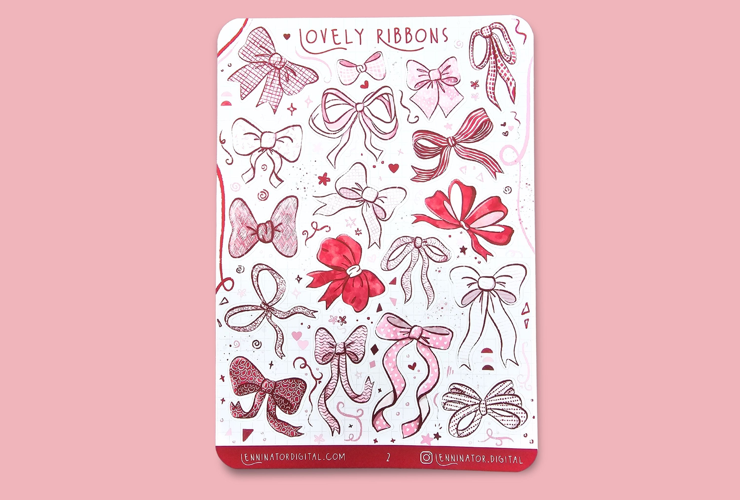 Pack of stickers with red and pink ribbons on a light background with heart-shaped decorations.