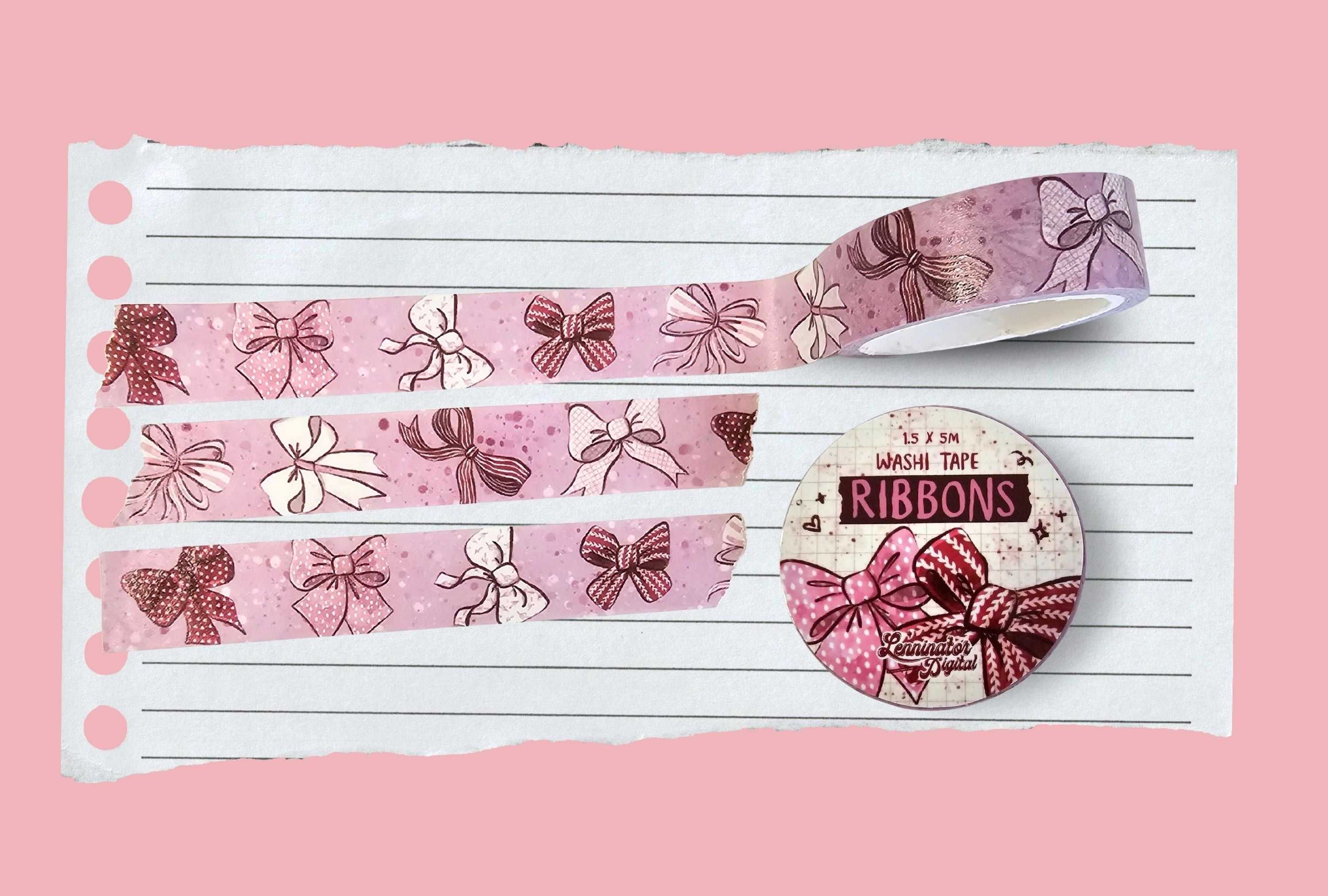 A roll of pink washi tape decorated with cute ribbons