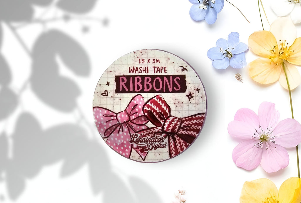 A beautiful illustrated Ribbons washi tape sticker with a pink and a red ribbon