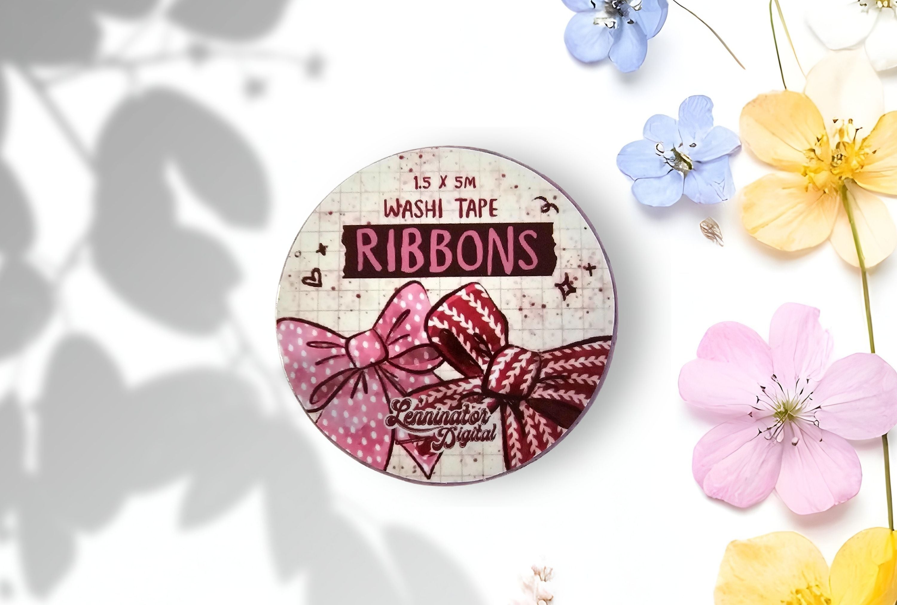 A beautiful illustrated Ribbons washi tape sticker with a pink and a red ribbon