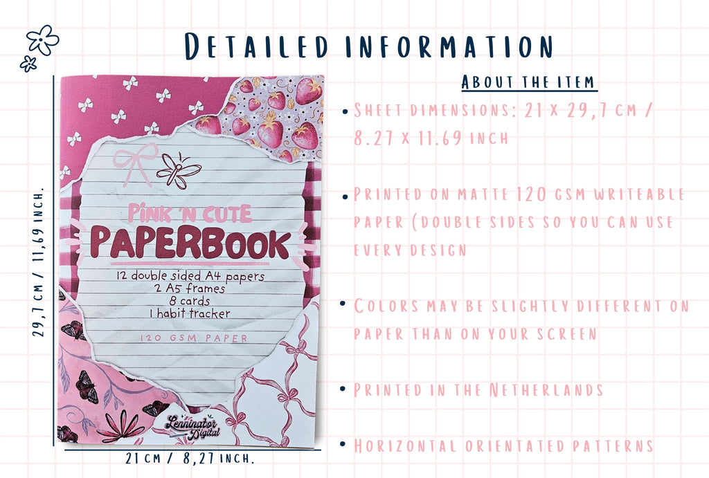 Detailed information about the paperbook. A4, printed on 120 matte paper in the Netherlands.