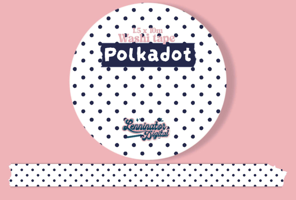 A roll of white washi tape with navy blue polka dots, labeled 'Polkadot' and 'Keminator Kabinet', shown against a solid pink background with a strip of the tape unrolled below.