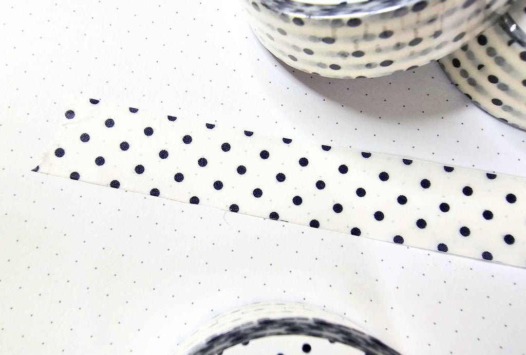 A close-up of a roll of washi tape with a navy blue polka dot pattern on a white background, laid diagonally across a white polka-dotted surface with other rolls partially visible.