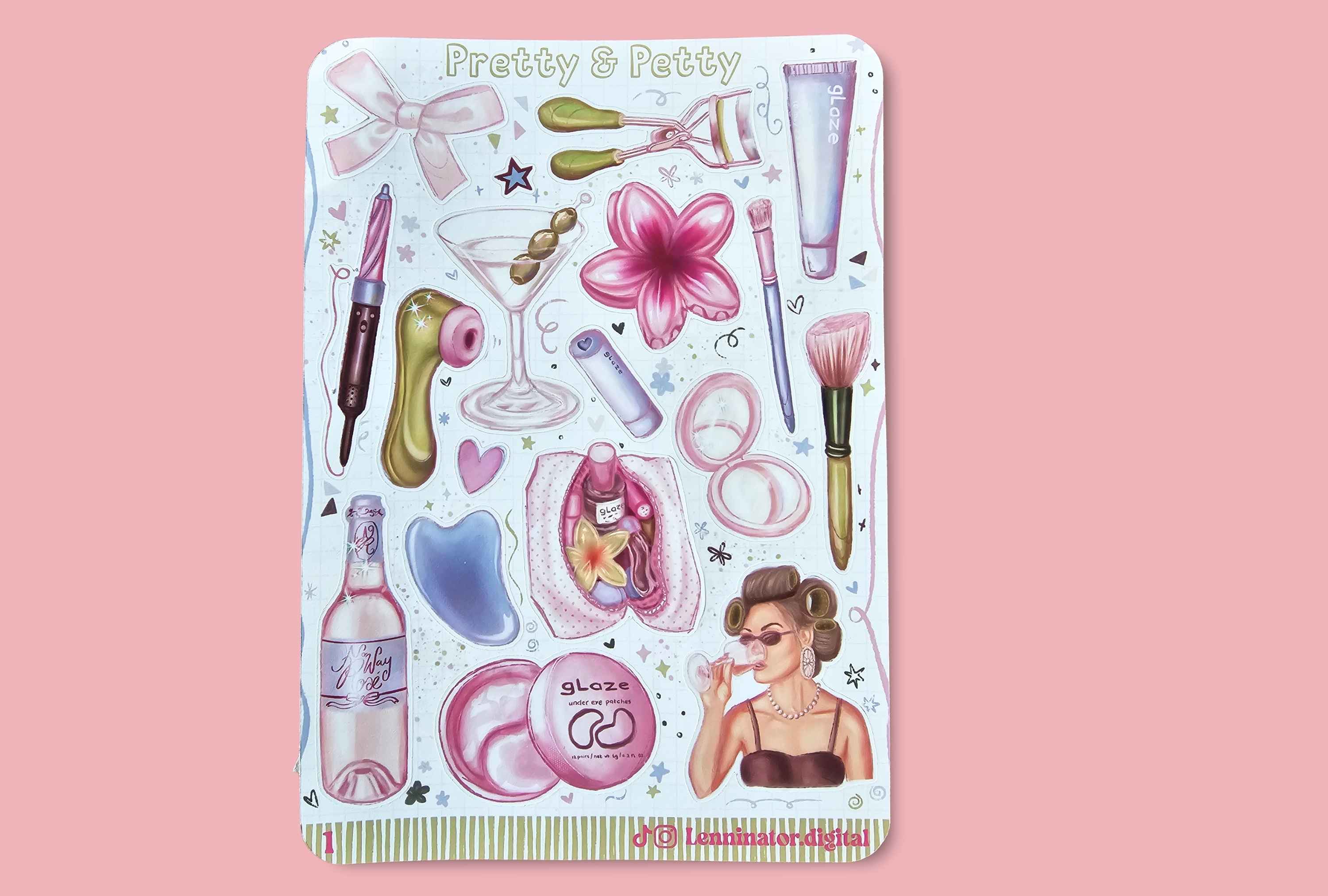 A rectangular sticker sheet featuring various cosmetic-themed illustrations such as brushes, tubes, a flower, a bottle, compact mirrors, and a woman applying makeup, with the text 'Pretty & Pretty' at the top, shown against a solid pink background.