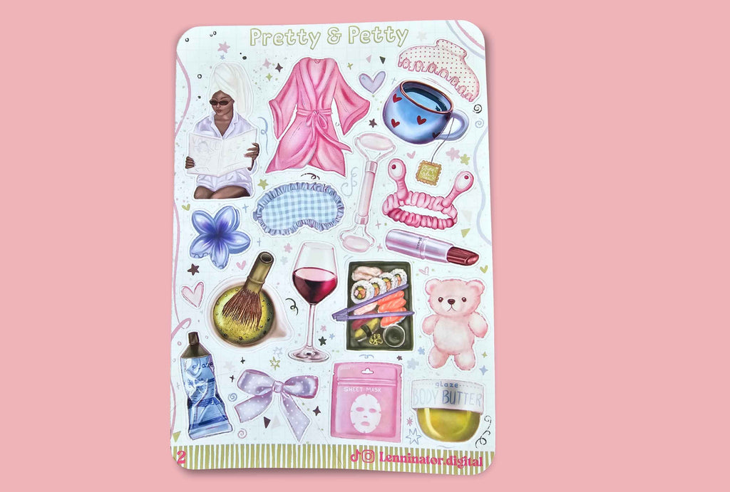 A sheet of Pretty & Petty sticker designs featuring various spa and beauty-themed illustrations on a white background, set against a solid pink backdrop.