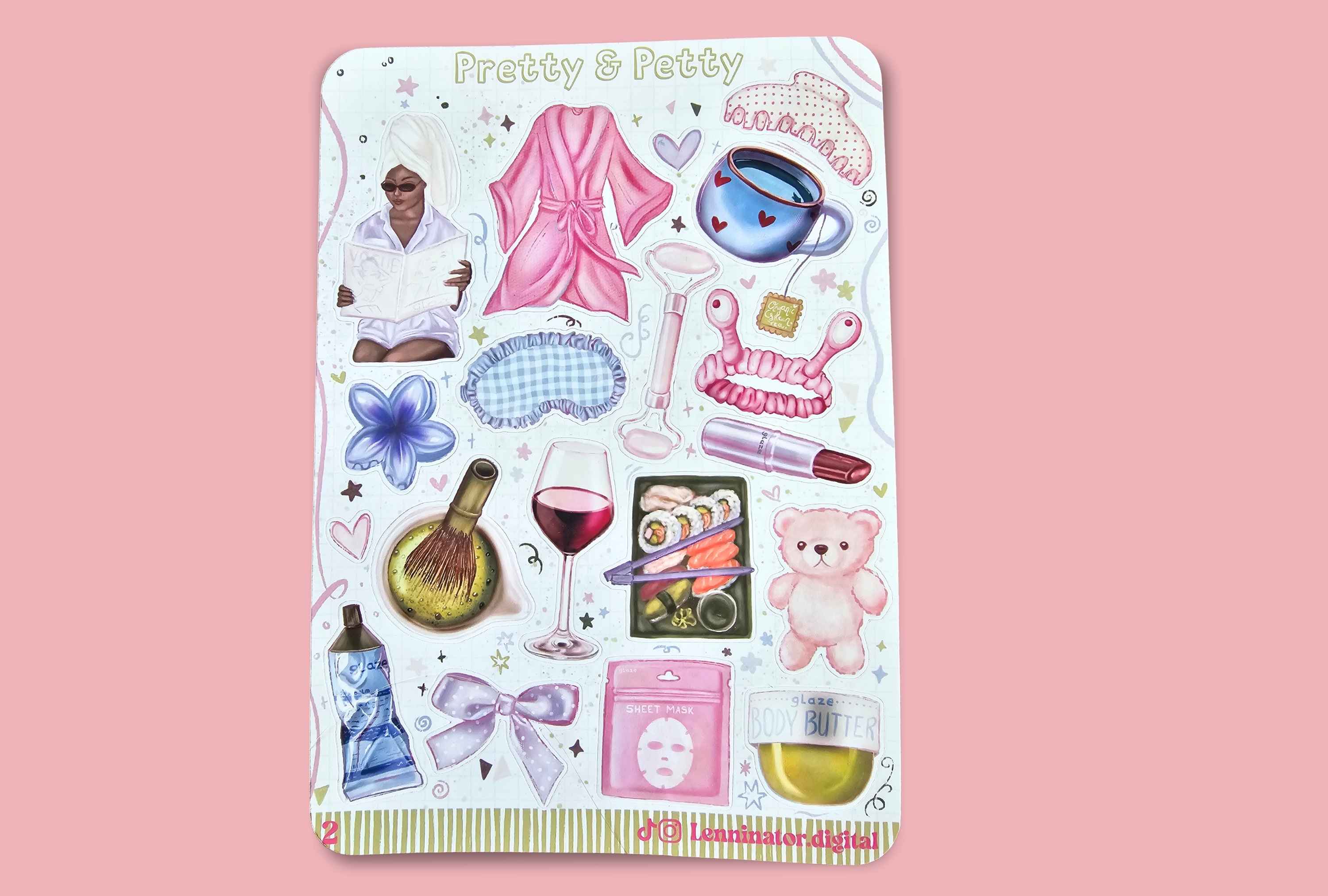 A sheet of Pretty & Petty sticker designs featuring various spa and beauty-themed illustrations on a white background, set against a solid pink backdrop.