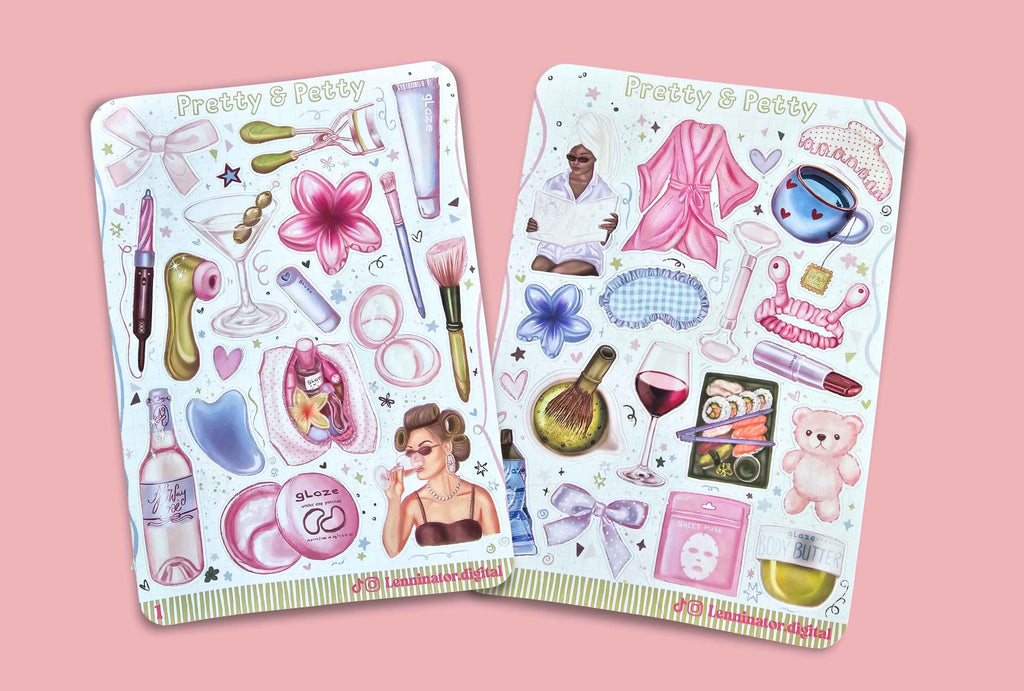 Two decorative sticker sheets featuring pink and white vanity-themed illustrations, including makeup items, a robe, a teacup, a teddy bear, and a woman, displayed on a solid pink background.