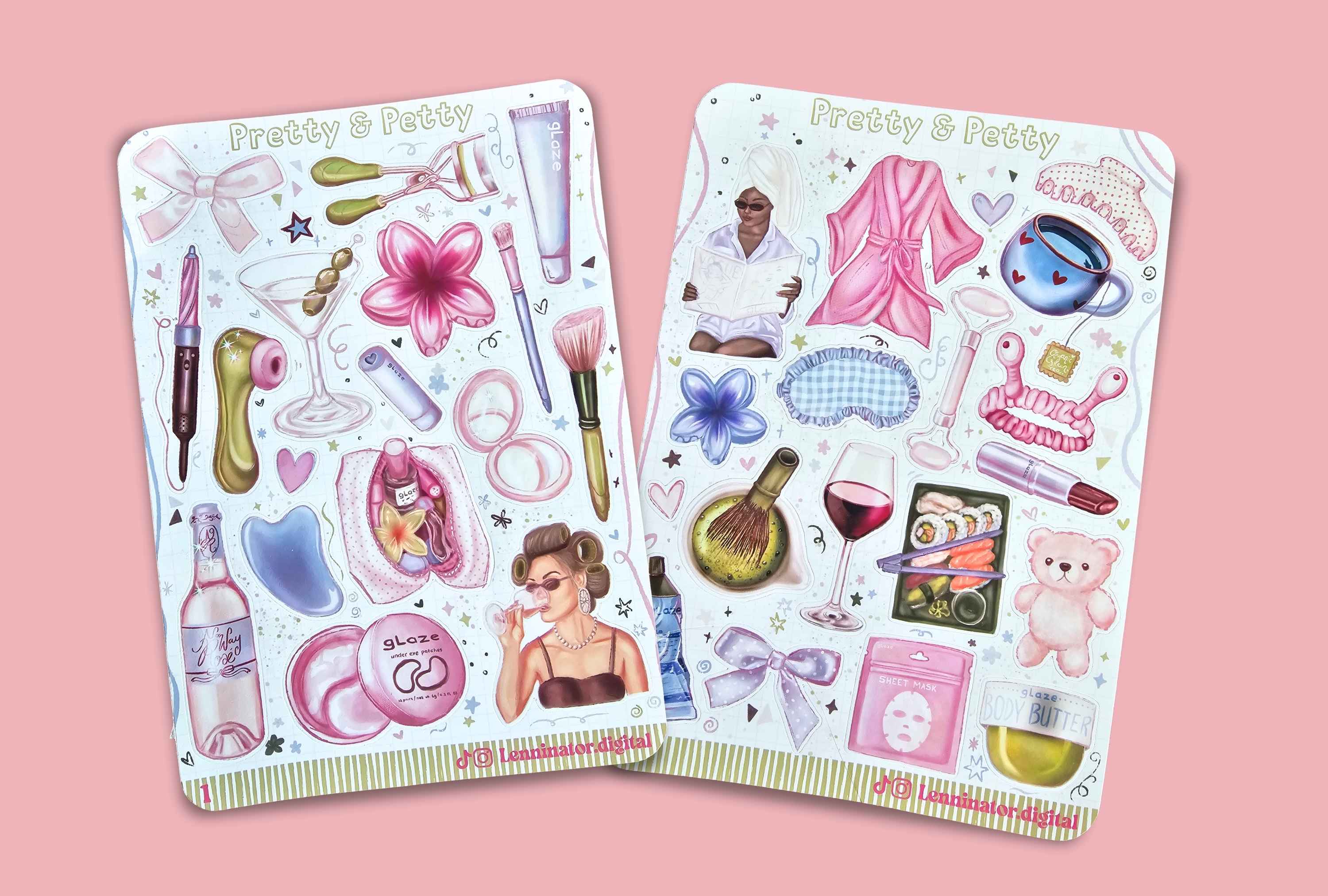 Two decorative sticker sheets featuring pink and white vanity-themed illustrations, including makeup items, a robe, a teacup, a teddy bear, and a woman, displayed on a solid pink background.
