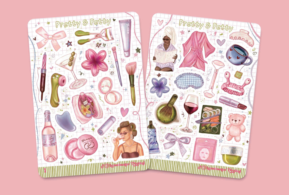 Two decorative sticker sheets titled 'Pretty & Petty' displayed on a soft pink background. The sheets feature pastel illustrations of cosmetics, beauty tools, lingerie, a woman in a retro hairstyle, a teddy bear, and small accessories on a lined-paper style design.