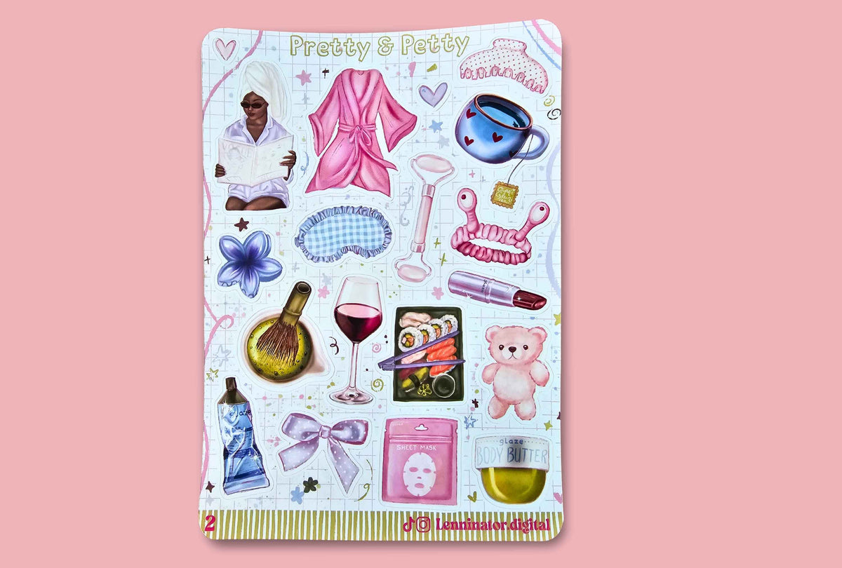 A rectangular sticker sheet featuring various pink-themed beauty and spa illustrations, including a pink robe, makeup palette, skincare items, and a teddy bear, displayed against a solid pink background.