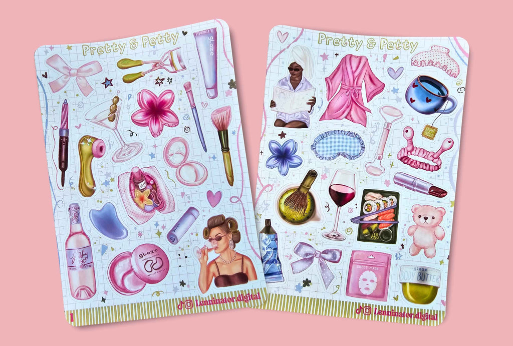 Two decorative sticker sheets featuring a pink and lavender vanity-themed design with illustrations of cosmetics, a robe, a teapot, a teddy bear, and a woman, displayed on a solid pink background.