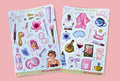 Two decorative sticker sheets featuring a pink and lavender vanity-themed design with illustrations of cosmetics, a robe, a teapot, a teddy bear, and a woman, displayed on a solid pink background.