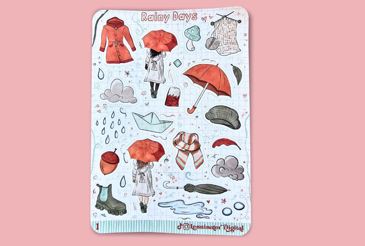 A sticker sheet featuring rainy day illustrations, including a child in a white raincoat with red umbrellas, raindrops, clouds, a paper boat, boots, and accessories, displayed on a solid pink background.