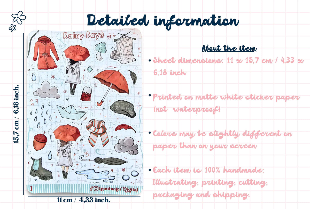 A product information graphic for a 'Rainy Days' sticker sheet. The left side shows the sticker sheet itself with various illustrated rainy-day items like umbrellas, coats, boots, and hats on a white background.