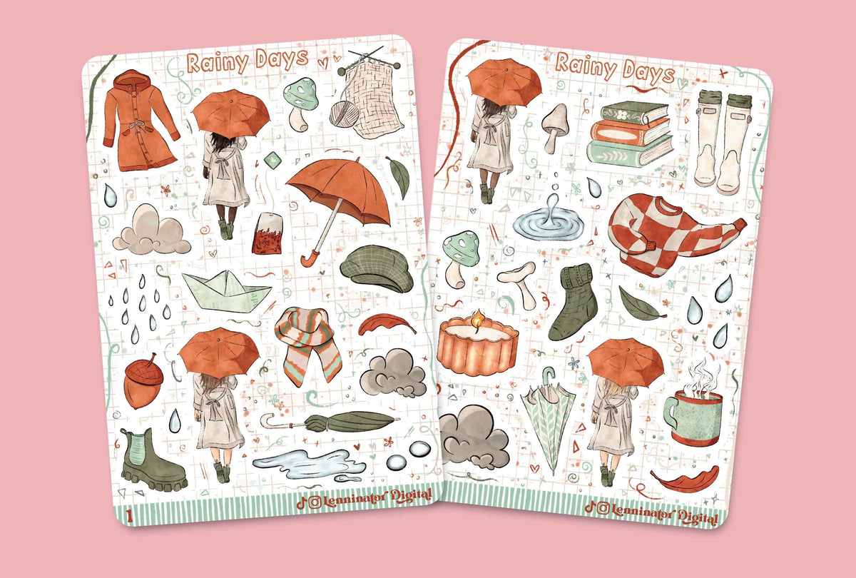 Two rectangular sticker sheets with autumn rainy-day illustrations, displayed on a solid pink background. The stickers feature a girl in a trench coat holding an orange umbrella, along with rain boots, a striped scarf, a mushroom, books, and a mug, all in a soft watercolor style.