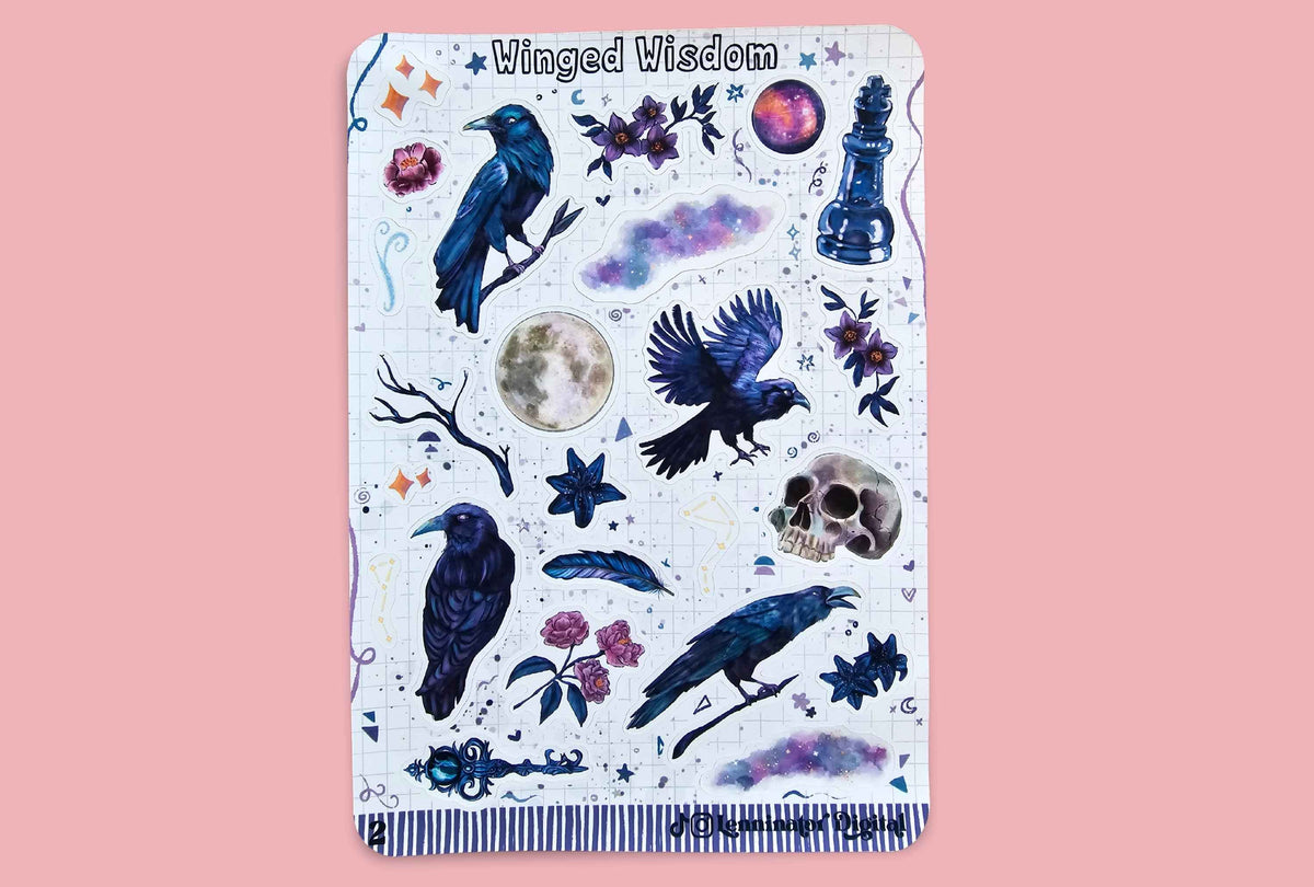 A vertical rectangular sticker sheet titled 'Winged Wisdom' featuring watercolor-style illustrations of black crows, a moon, a skull, flowers, stars, and a chess piece on a white background, set against a solid pink backdrop.