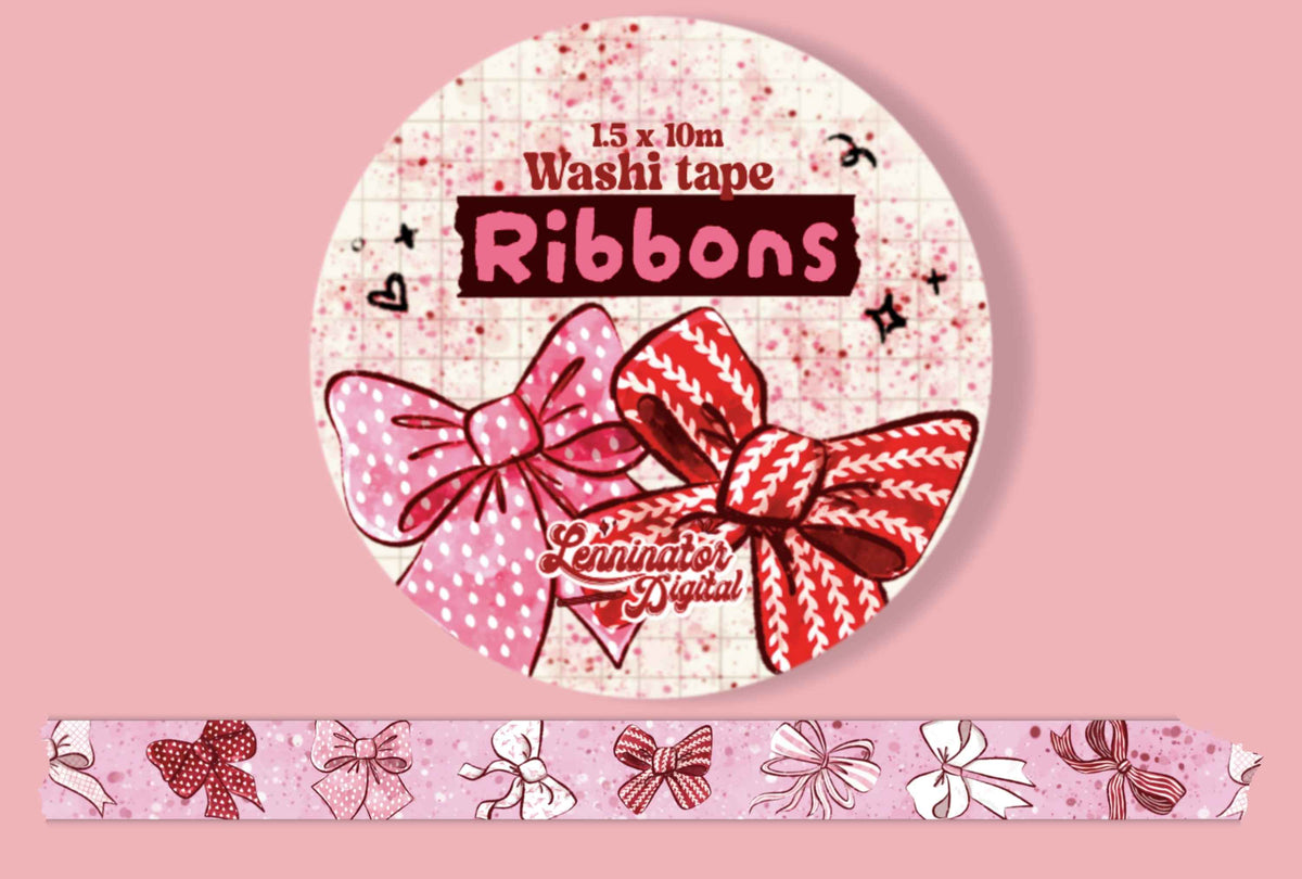 A washi tape with ribbons in various shapes on a pink background with paint splatters.