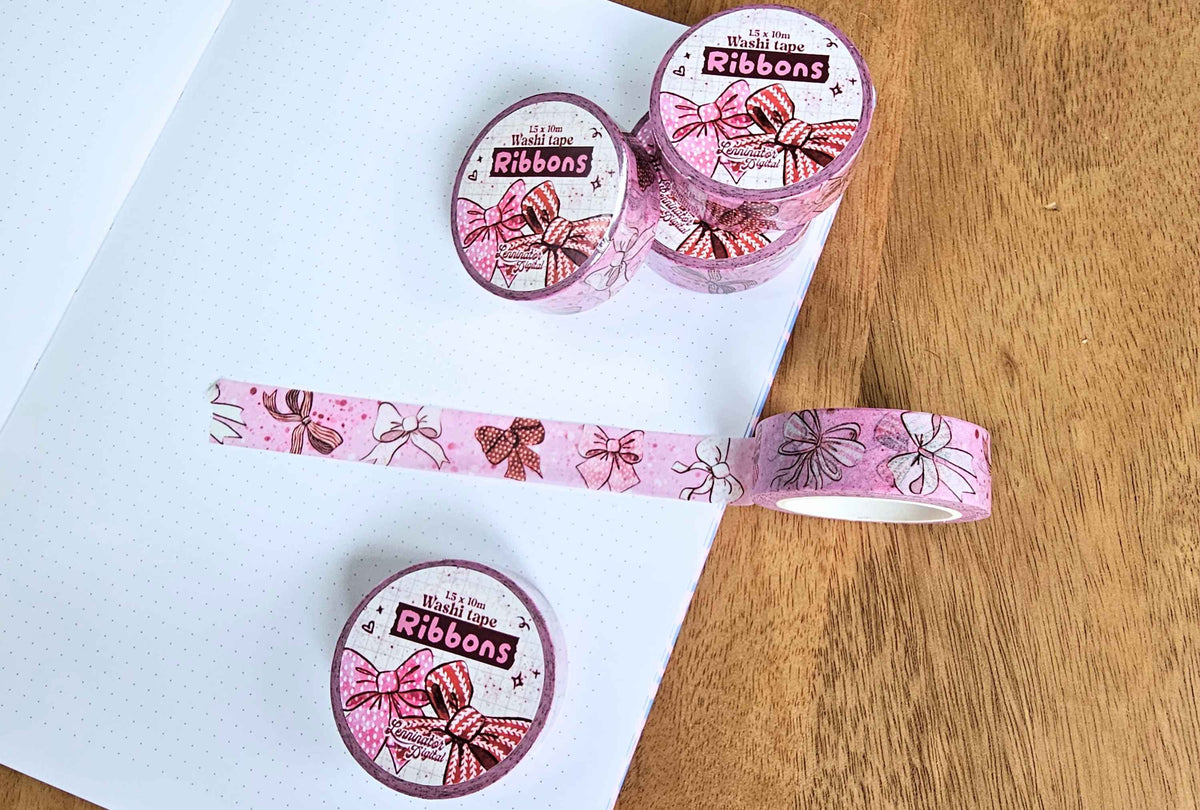 Pink washi tapes with ribbon pattern. Various bows in red, pink and white.