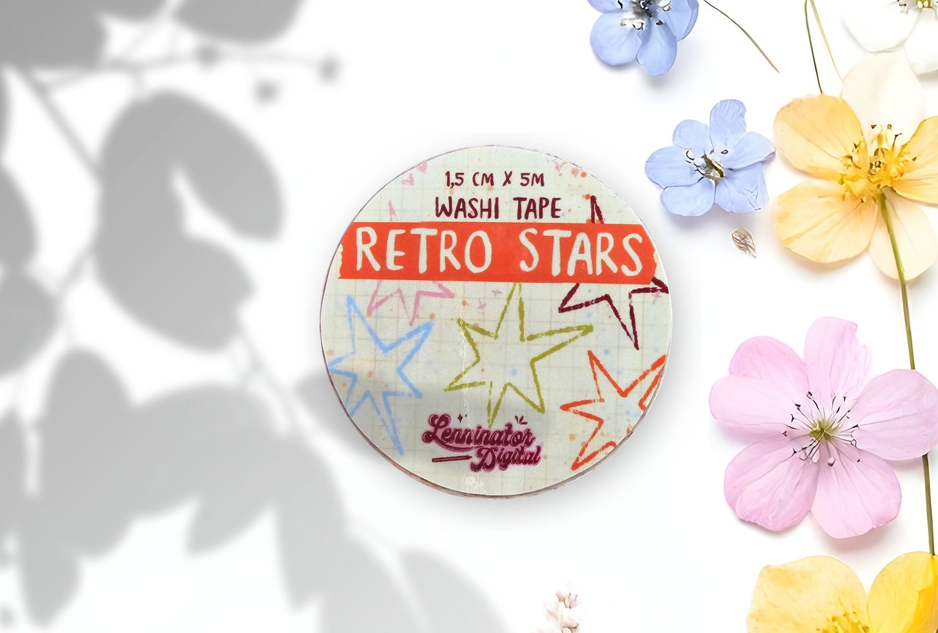 Washi tape with retro star design on a white background with flowers