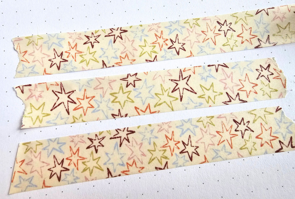 Three strips of washi tape with star pattern on a white background