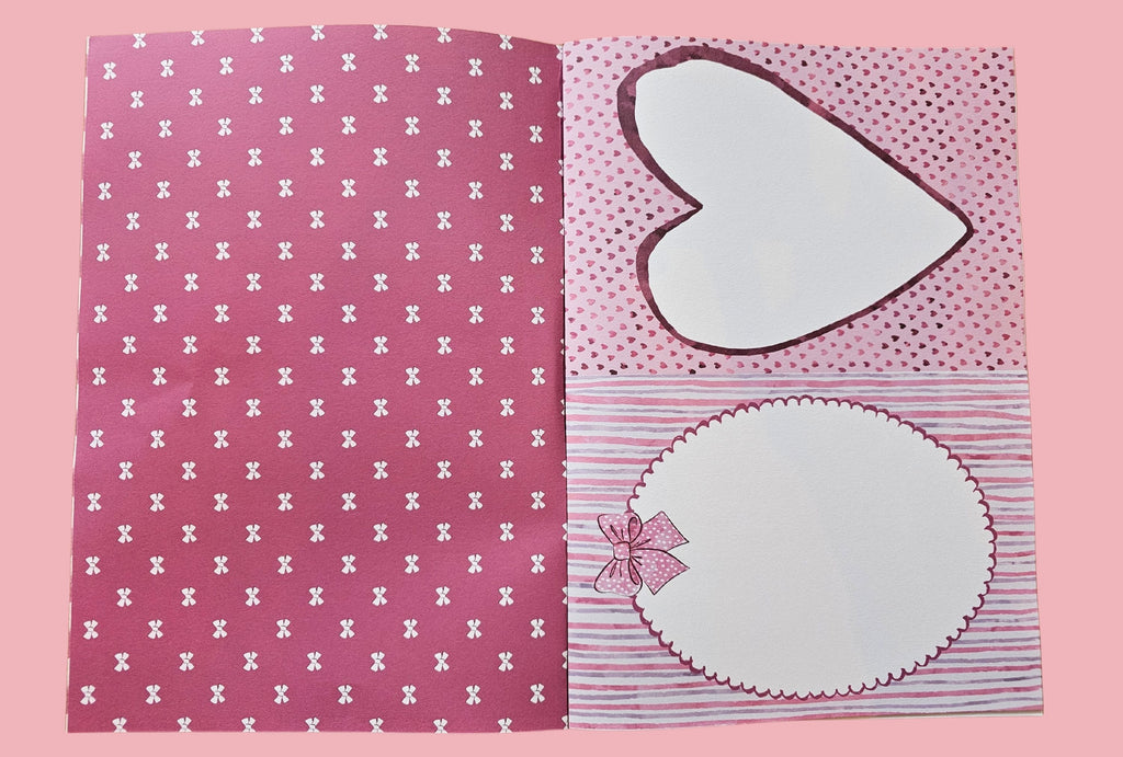 Two pink patterned cards with heart shapes on a pink background