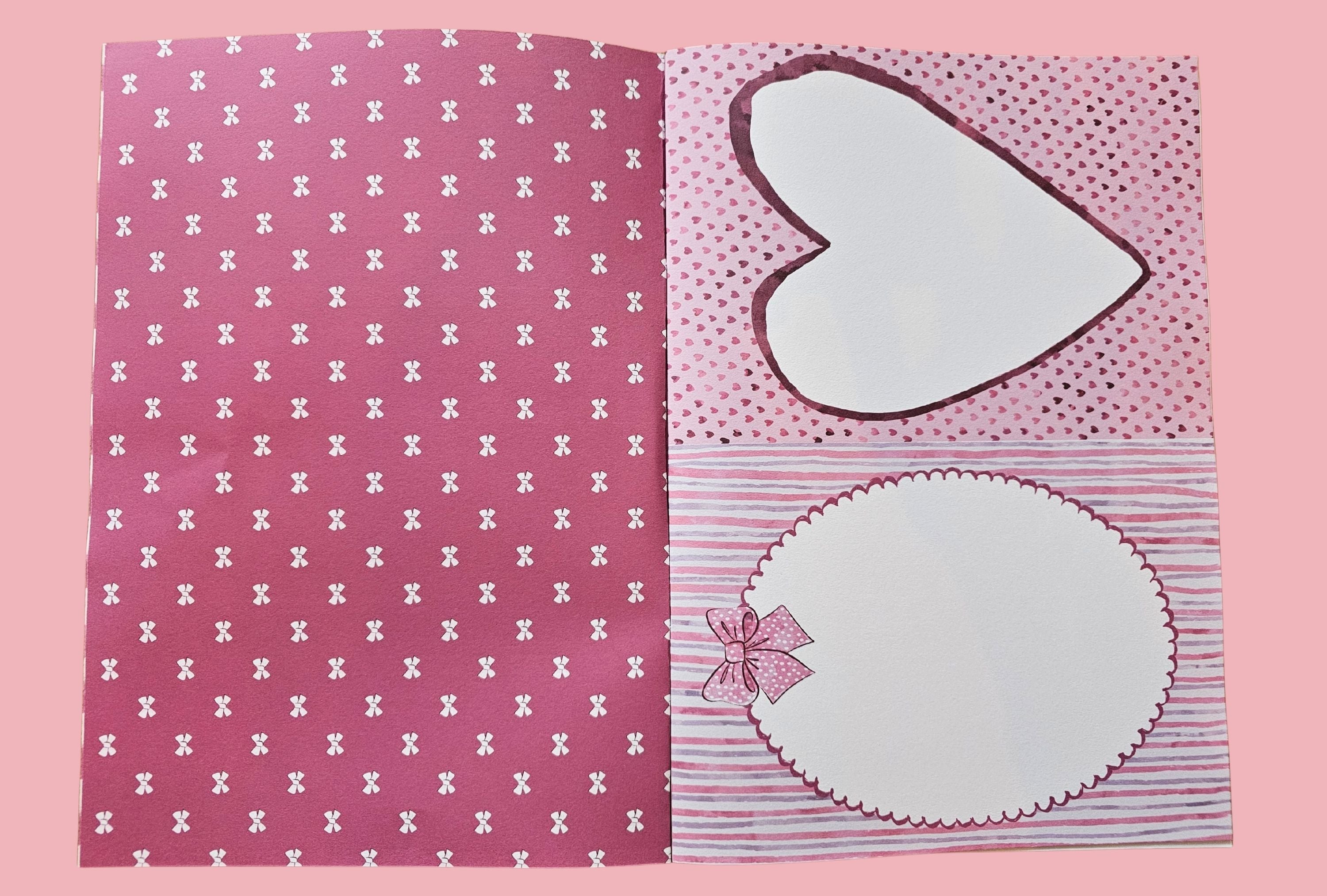 Two pink patterned cards with heart shapes on a pink background