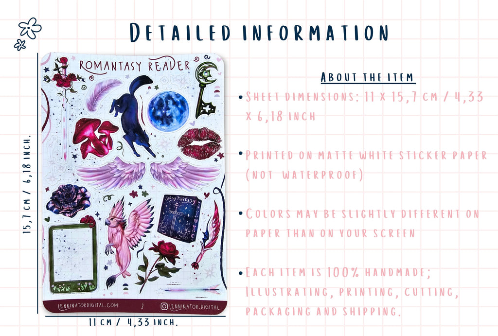A product information graphic for a 'Romantasy Reader' sheet of stickers. The left side shows the sticker sheet with various fantasy illustrations including a dark blue dragon, pink wings, a purple rose, and a key.