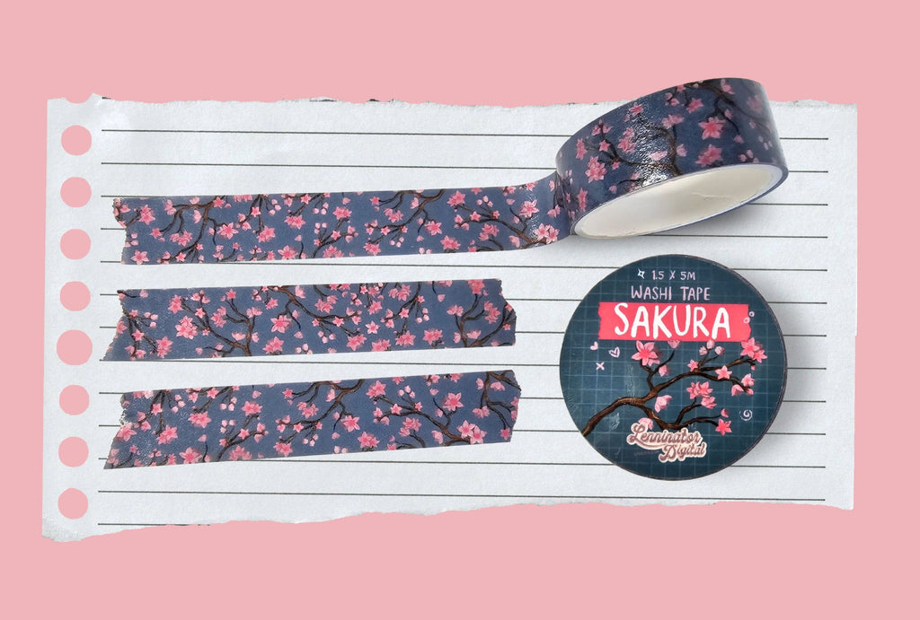 Japanese Cherry blossom washi tape with pink flowers on a blue background.