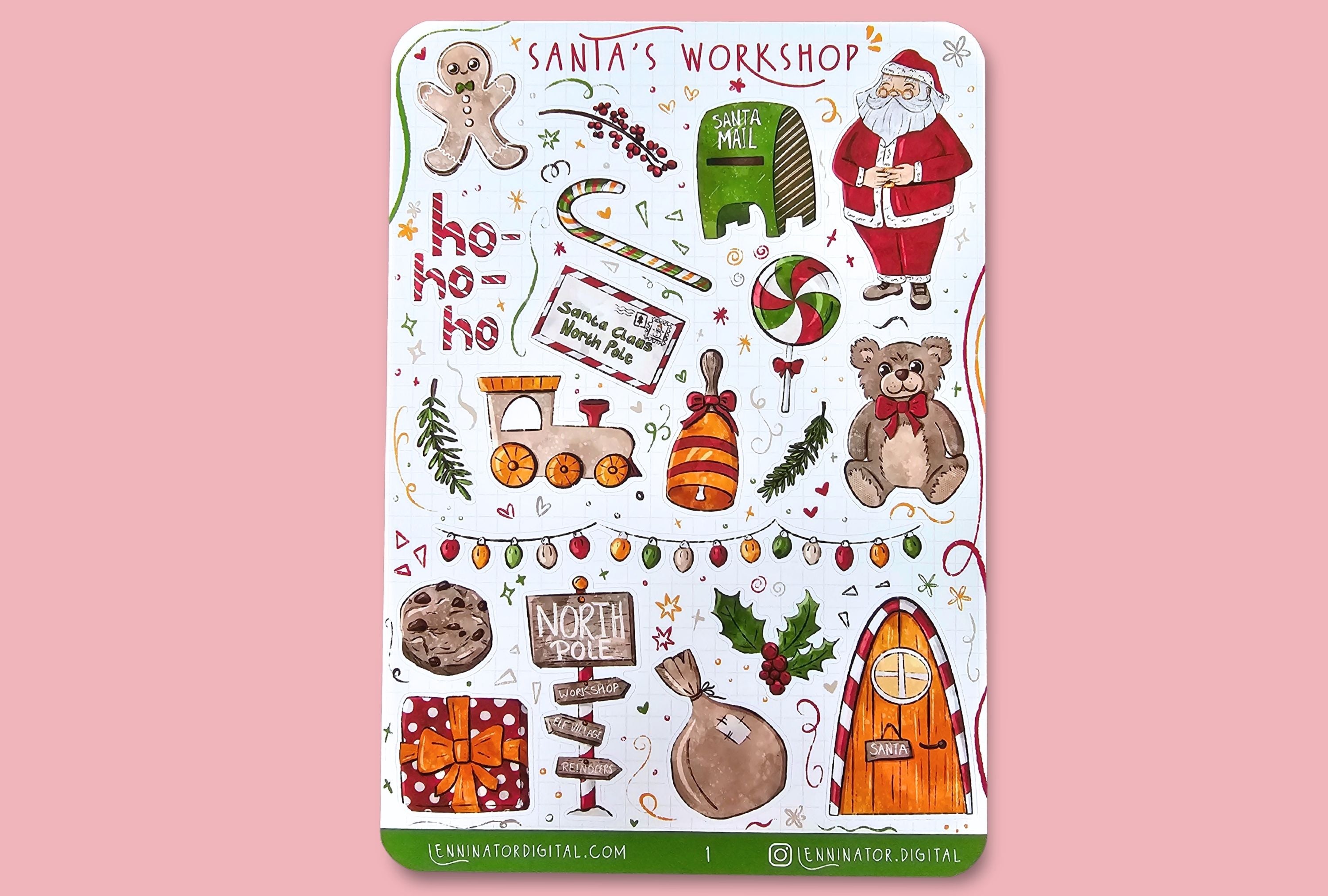 stickers with Christmas-themed designs on a snowy background