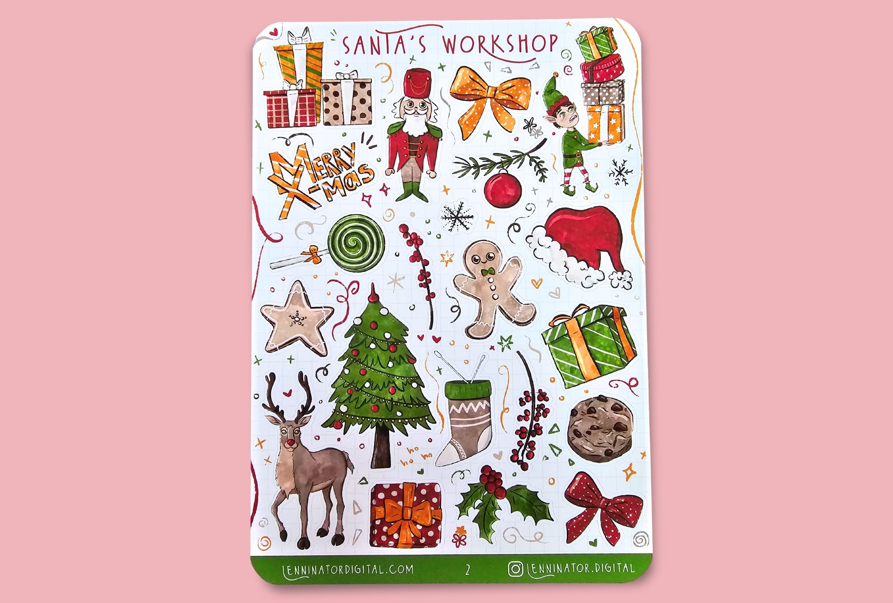 Sticker sheet with Christmas-themed designs on a snowy background