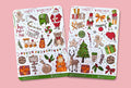Two festive sticker sheets with Christmas-themed designs on a textured surface.