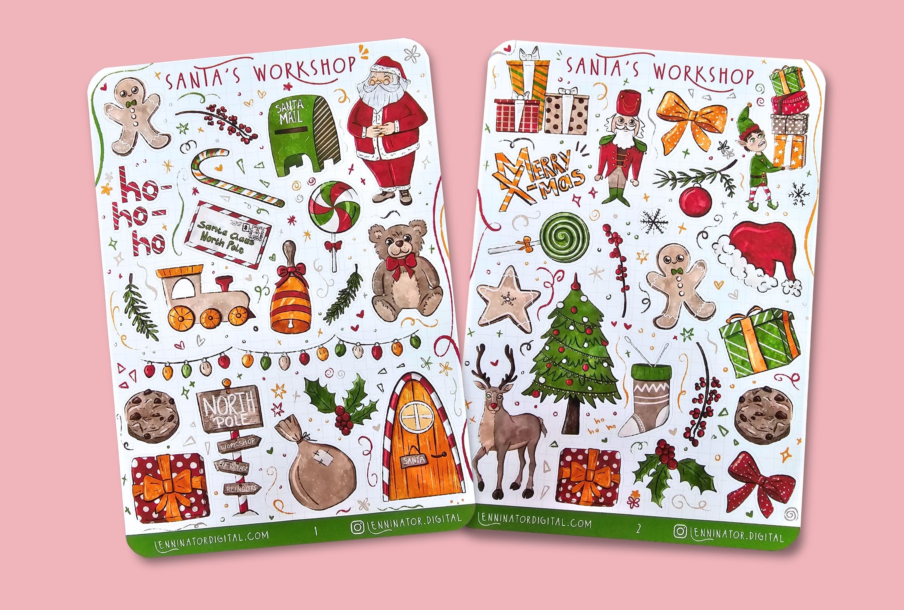 Two festive sticker sheets with Christmas-themed designs on a textured surface.
