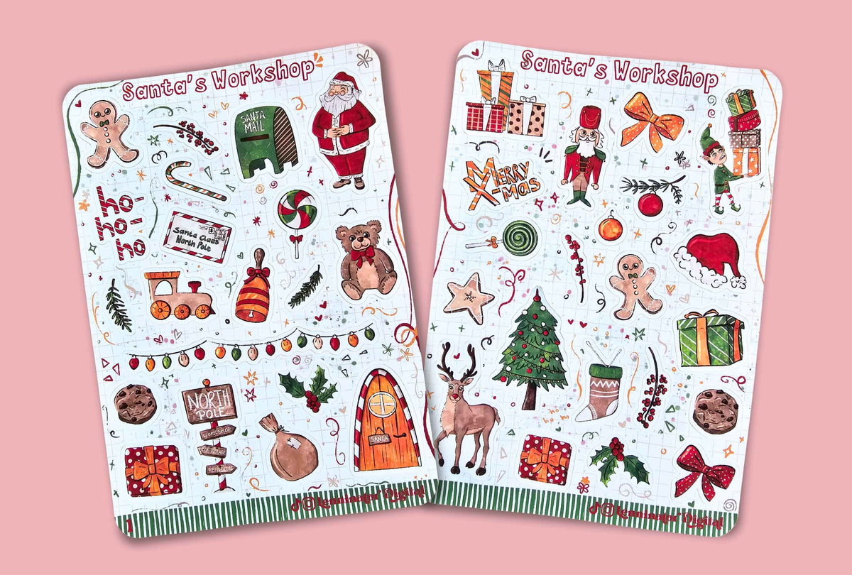 Two white planner stickers featuring hand-drawn Christmas illustrations, including Santa, gingerbread men, gifts, a reindeer, and holiday decorations, displayed on a solid pink background.