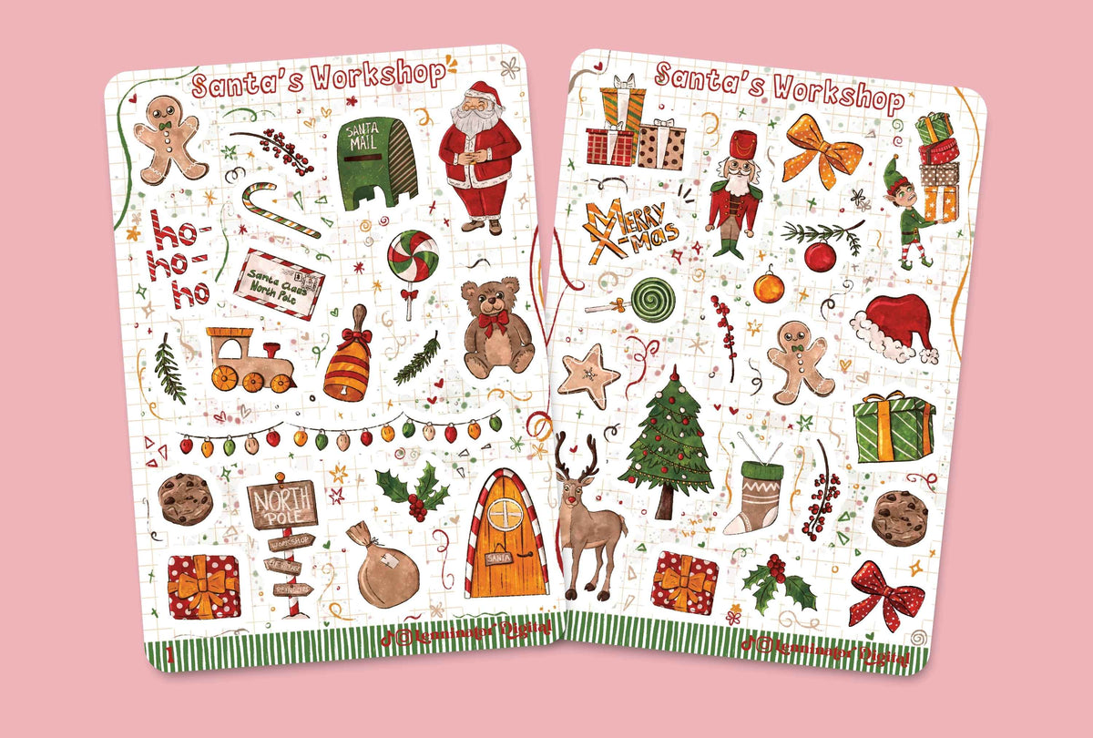 Two white sticker sheets with Christmas-themed illustrations, including Santa Claus, gingerbread men, gifts, ornaments, a Christmas tree, and holiday decorations, displayed on a solid pink background.