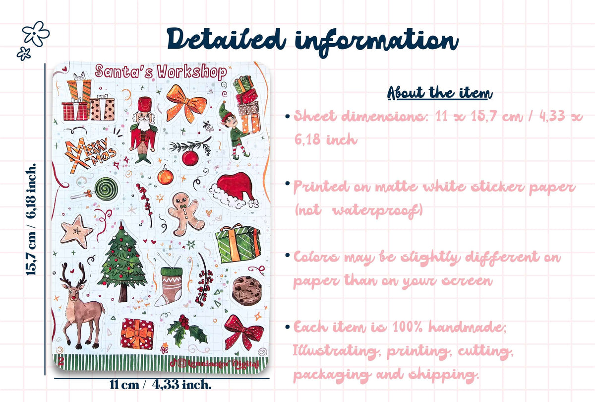 A product information graphic showing a sheet of Christmas-themed sticker designs with dimensions and printed details. The sheet includes Santa, gifts, ornaments, a Christmas tree, cookies, and other holiday motifs on a white background.