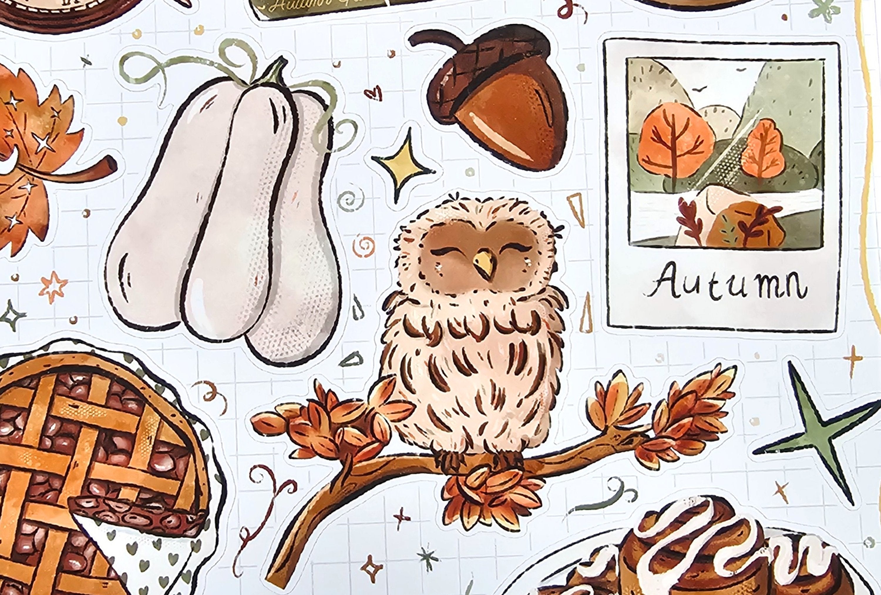 Autumn-themed illustration with owl, pumpkins, pie, and leaves on a checkered background.