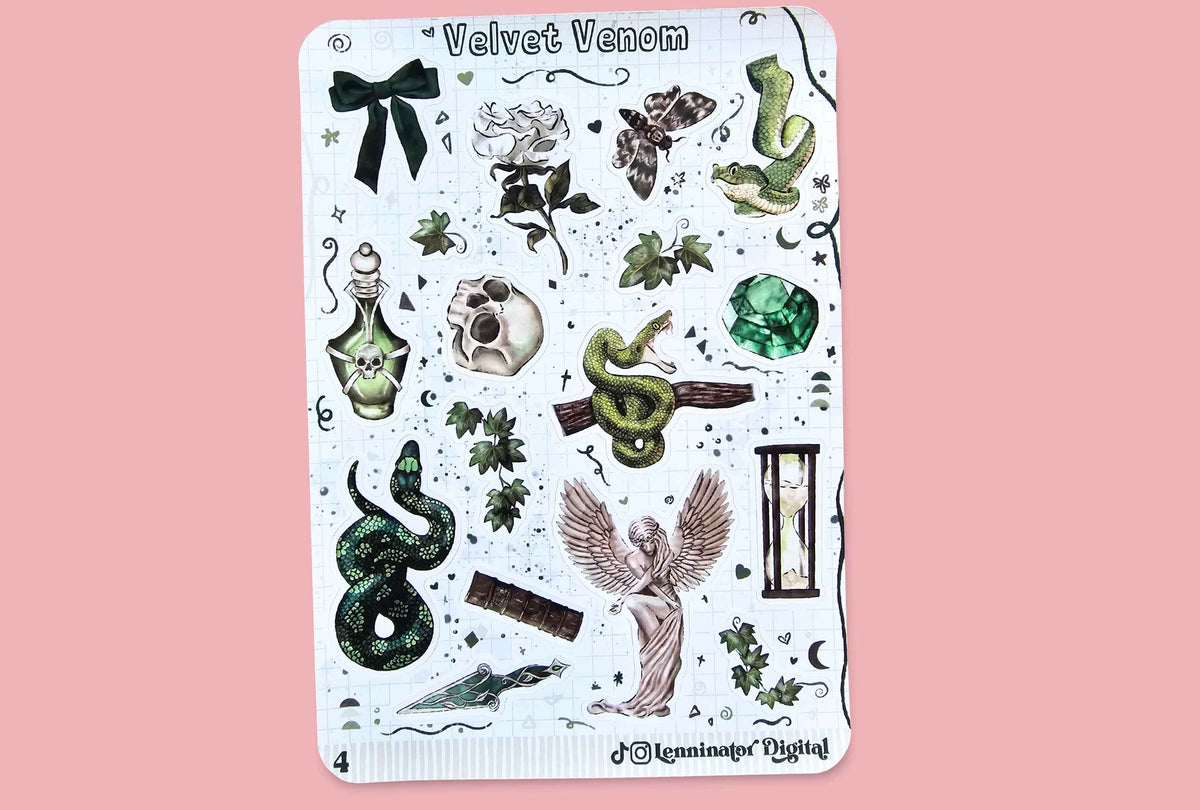 A sticker sheet called 'Velvet Venom' by featuring gothic illustrations like snakes, a skull, a rose, a bow, and an angel, displayed on a solid pink background.