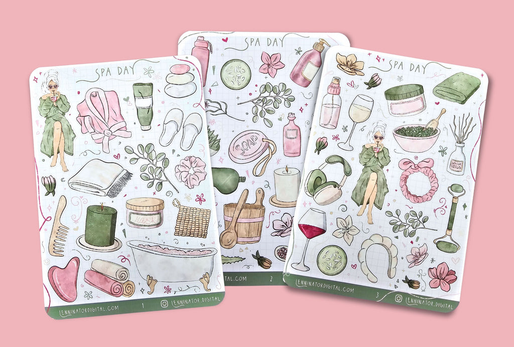 Set of three spa day sticker sheets. Wellness self-care essentials like bath robes, bath tub, candles, wine, skin care and towels plus decorative stickers like flowers. In green and pink.
