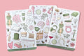 Set of three spa day sticker sheets. Wellness self-care essentials like bath robes, bath tub, candles, wine, skin care and towels plus decorative stickers like flowers. In green and pink.