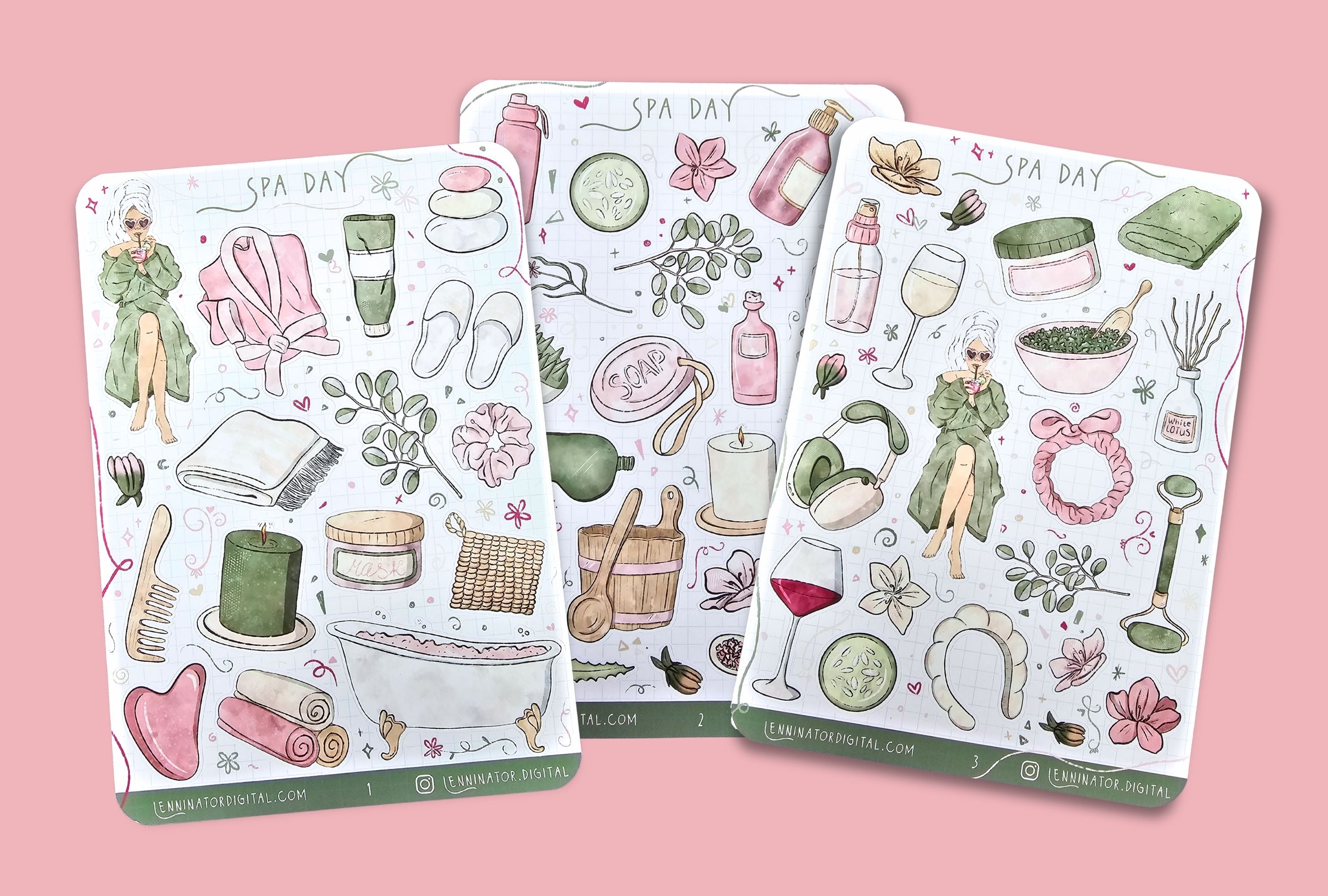 Set of three spa day sticker sheets. Wellness self-care essentials like bath robes, bath tub, candles, wine, skin care and towels plus decorative stickers like flowers. In green and pink.