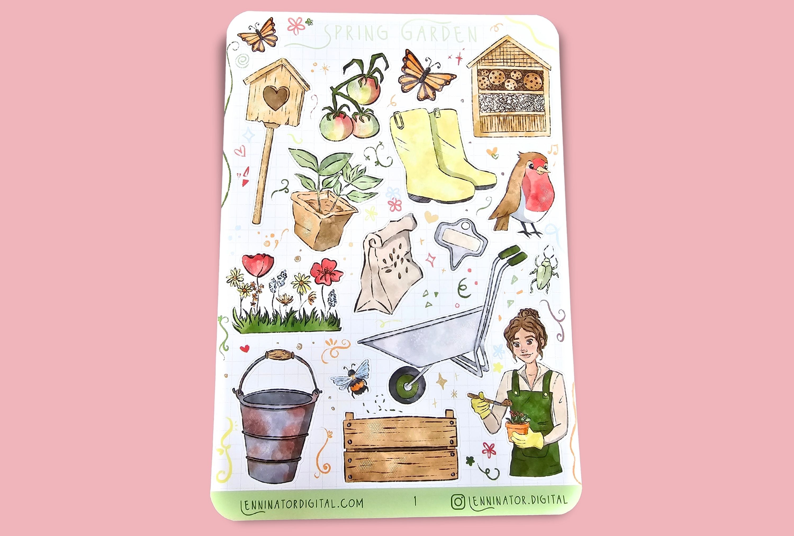 Sticker sheet with gardening-themed illustrations on a blue background with pink flowers.