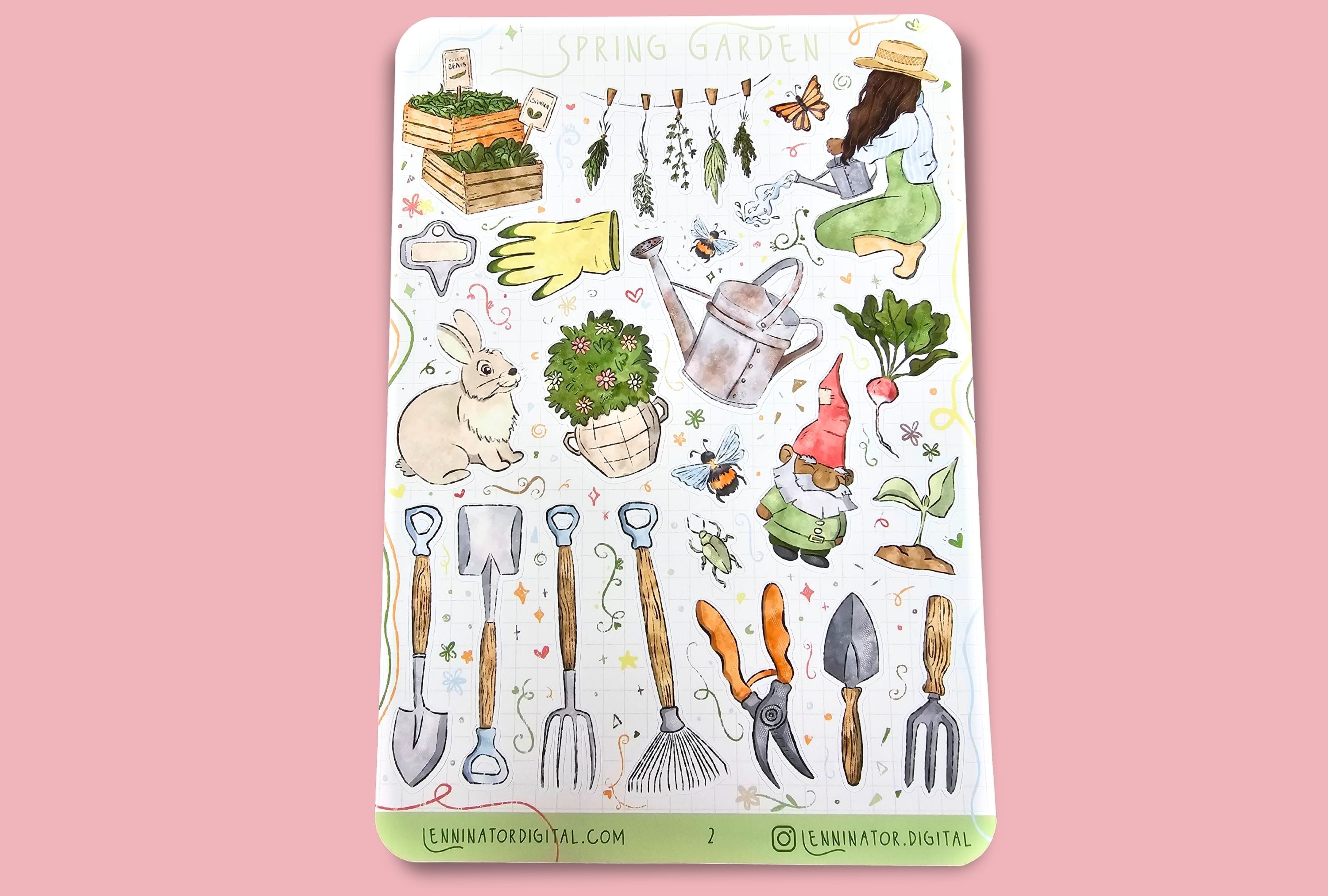 Sheet of gardening-themed stickers on a blue background with pink flowers.