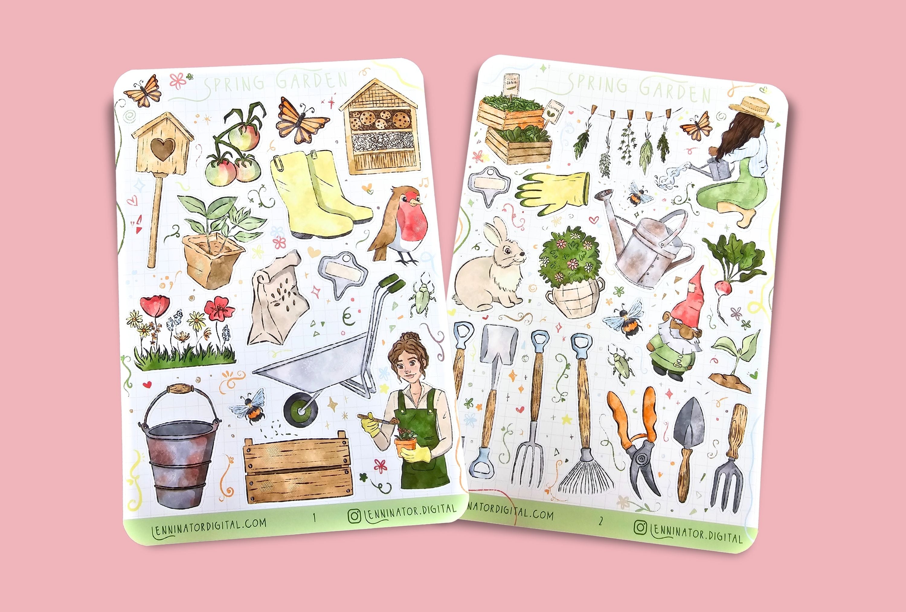 Two sticker sheets with gardening-themed illustrations on a textured surface.