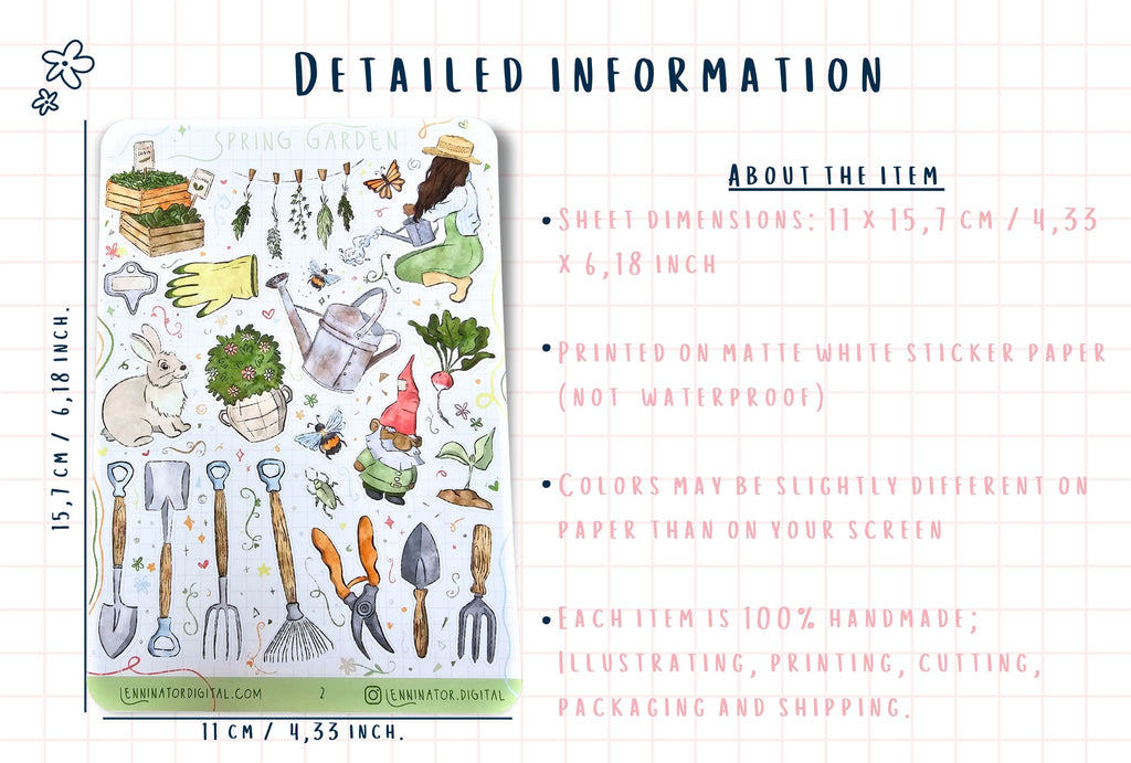Sticker sheet with gardening-themed illustrations and product details on a white background