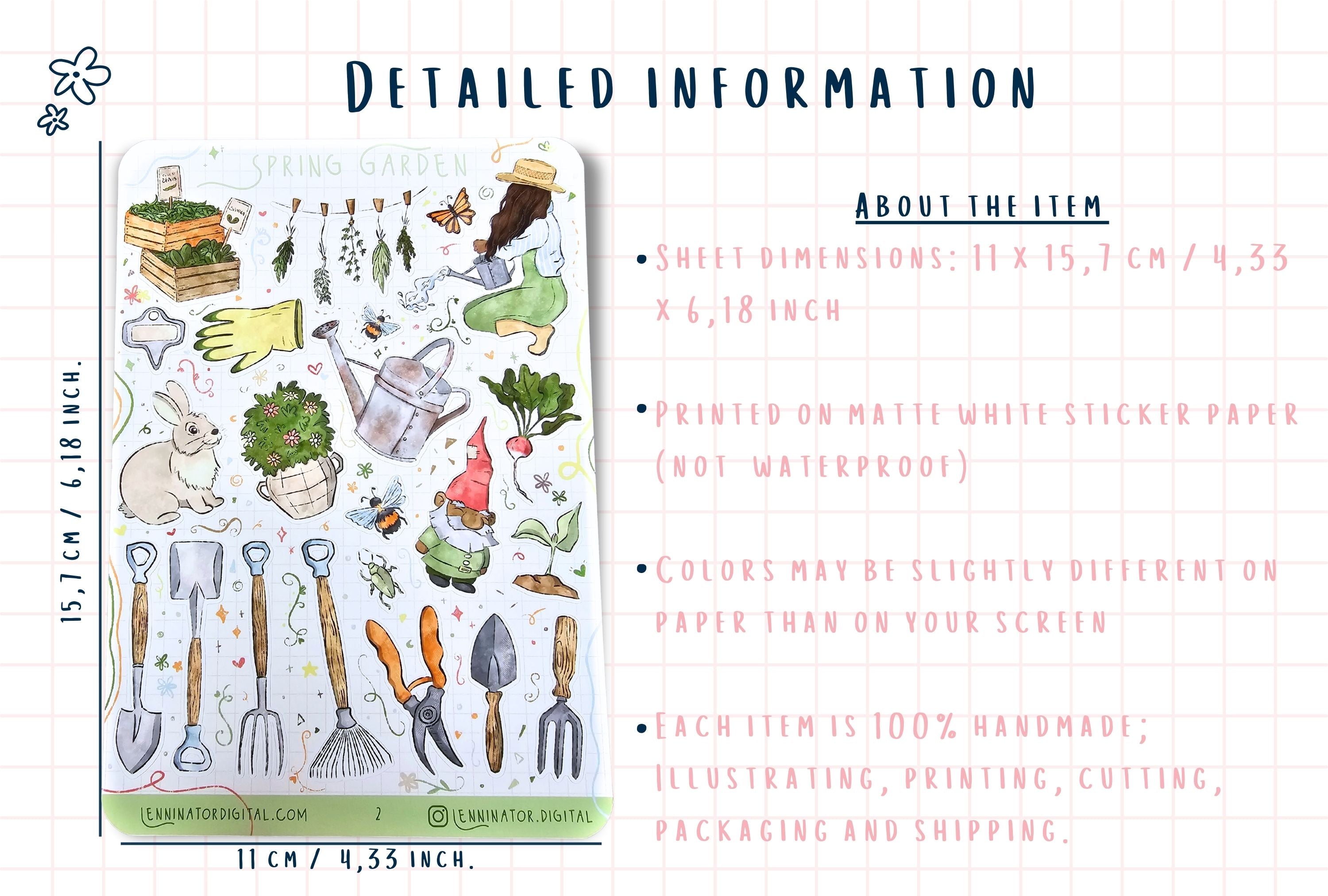 Sticker sheet with gardening-themed illustrations and product details on a white background