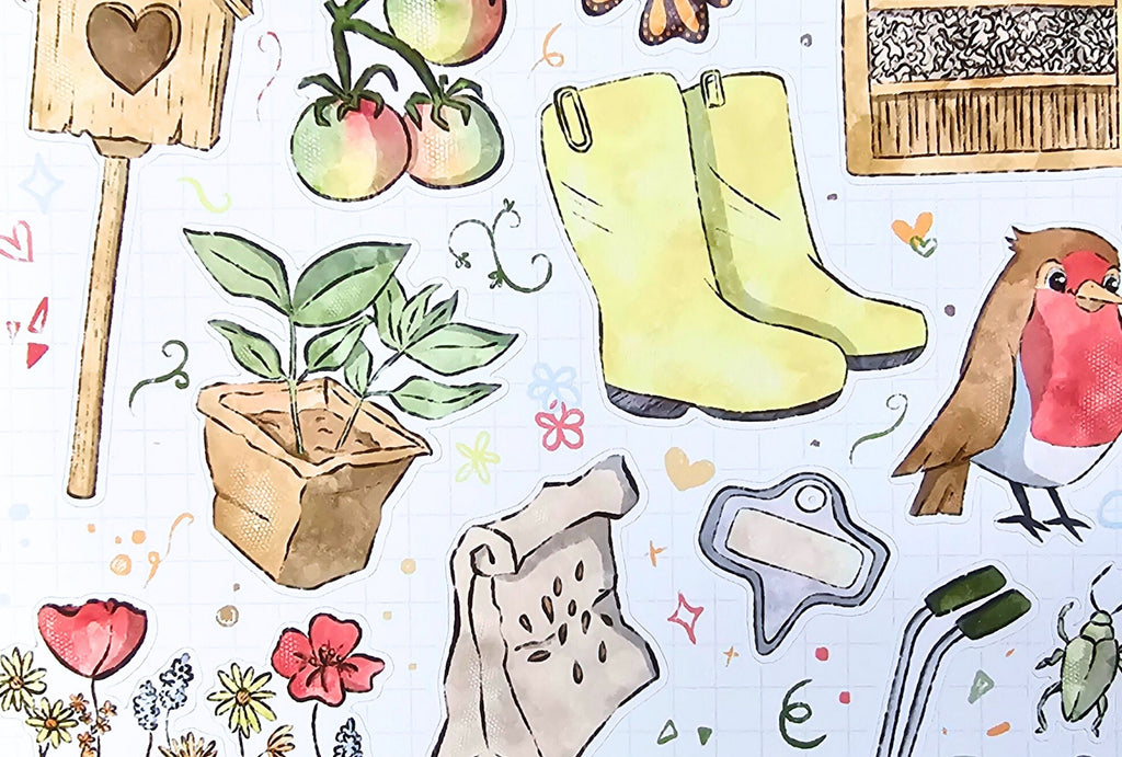 Illustrated pattern with gardening elements including boots, plants, and a robin on a light blue background.