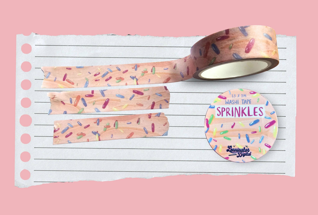 Decorative washi tape with sprinkles design on a pink background