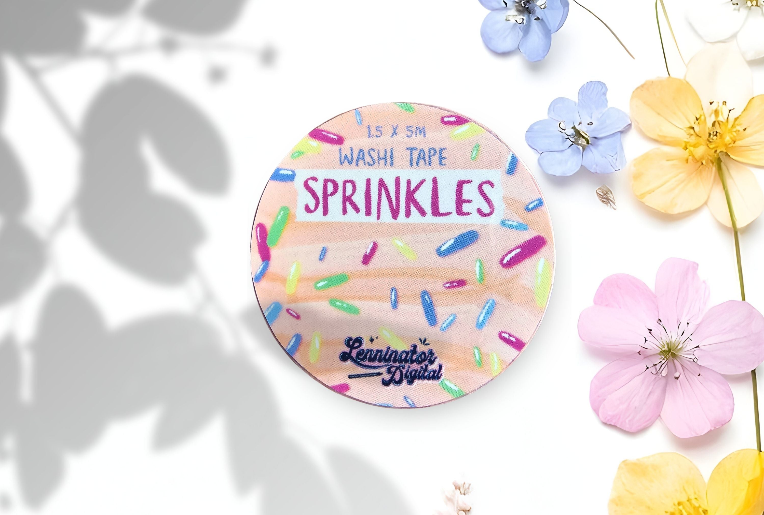 Washi tape with sprinkles design on a white background with flowers