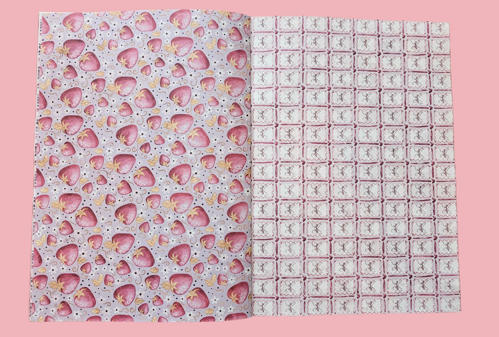 Two pages with journal paper of strawberries and ribbons it timy hearts in pink colors