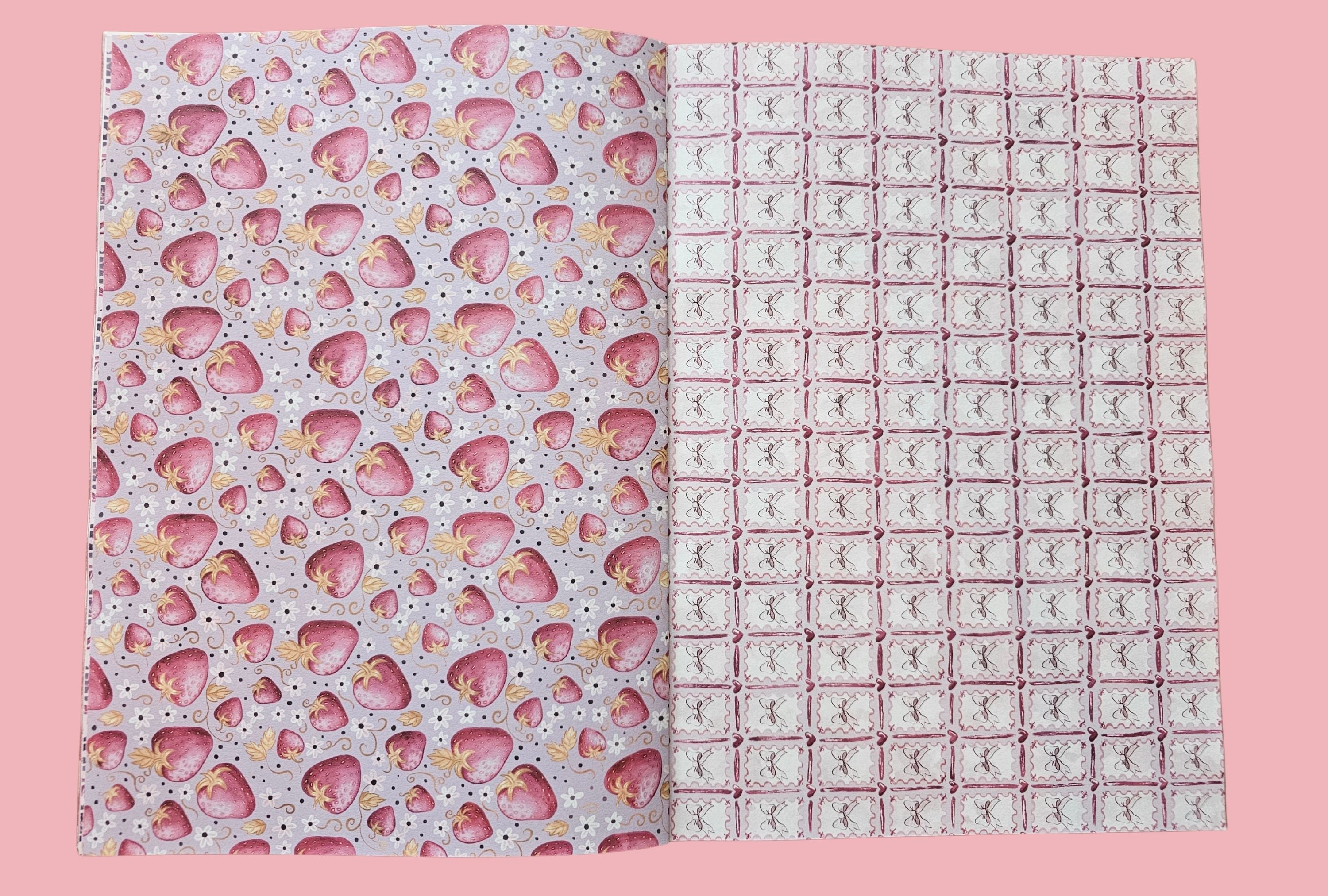 Two pages with journal paper of strawberries and ribbons it timy hearts in pink colors